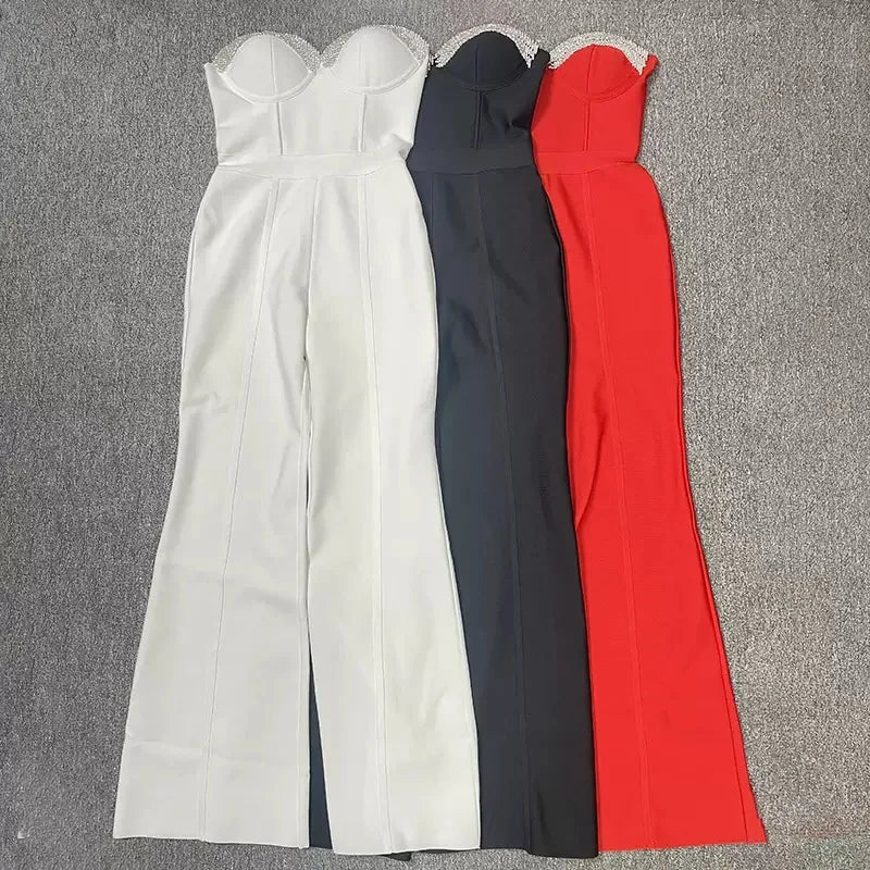 Fashion Celebrate Sequin Beads Women Sexy Strapless Bodycon Bandage Jumpsuit Runway Nightclub Party Luxury Birthday Outfits