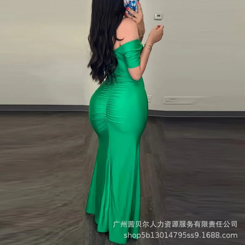 2026 Spring Summer New Women's Clothing Solid Color V-neck Waist Slit Pleated Dress