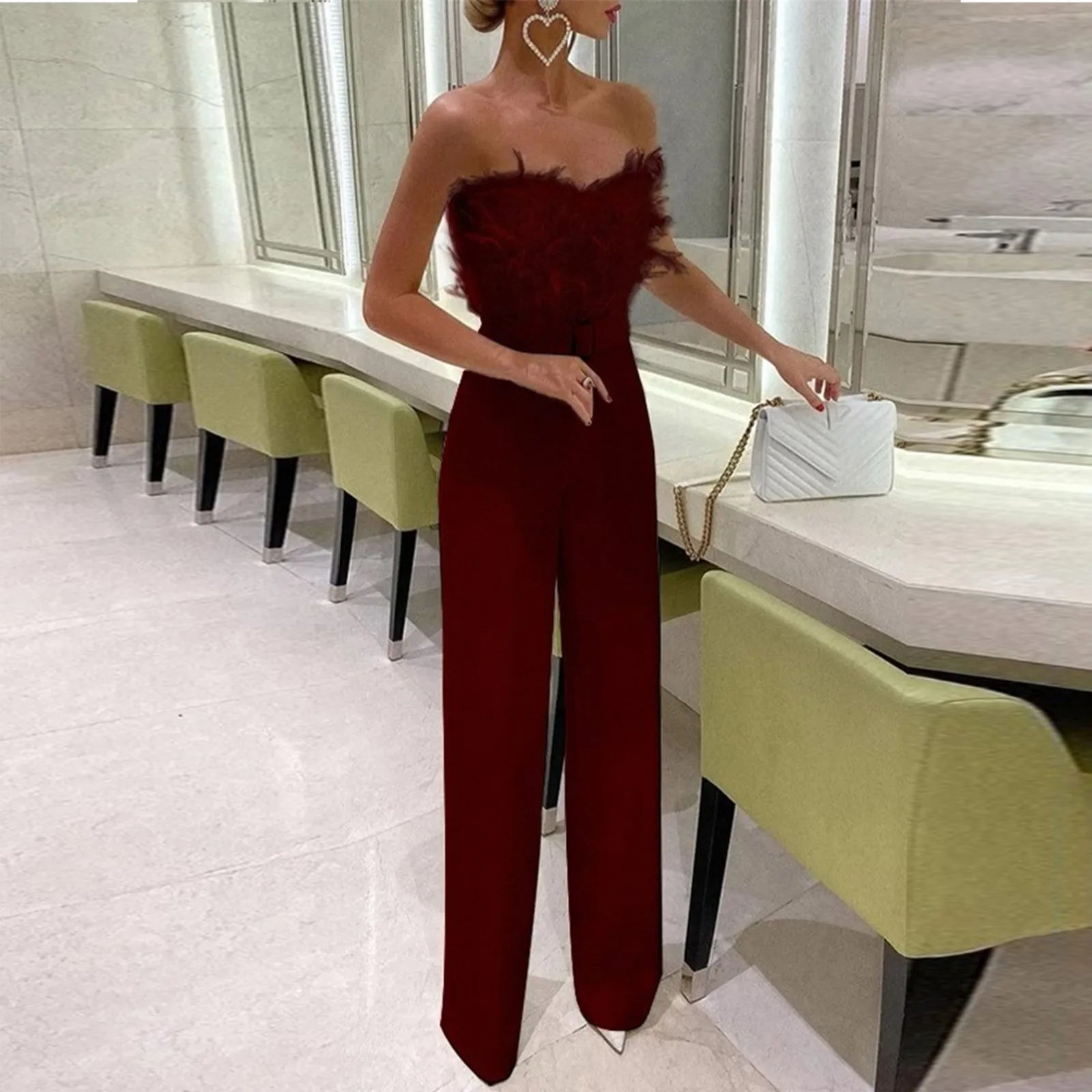 Women Jumpsuit Feather Tube Top Sexy Evening Party Jump Suits Sleeveless High-waisted Straight Playsuits Night Clubwear Overalls - JN Fashion Fusion