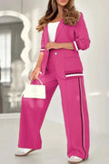 Wide leg women's pant set by JN Fashion Fusion featuring high-waist trousers, button coat, patchwork design, and pockets.