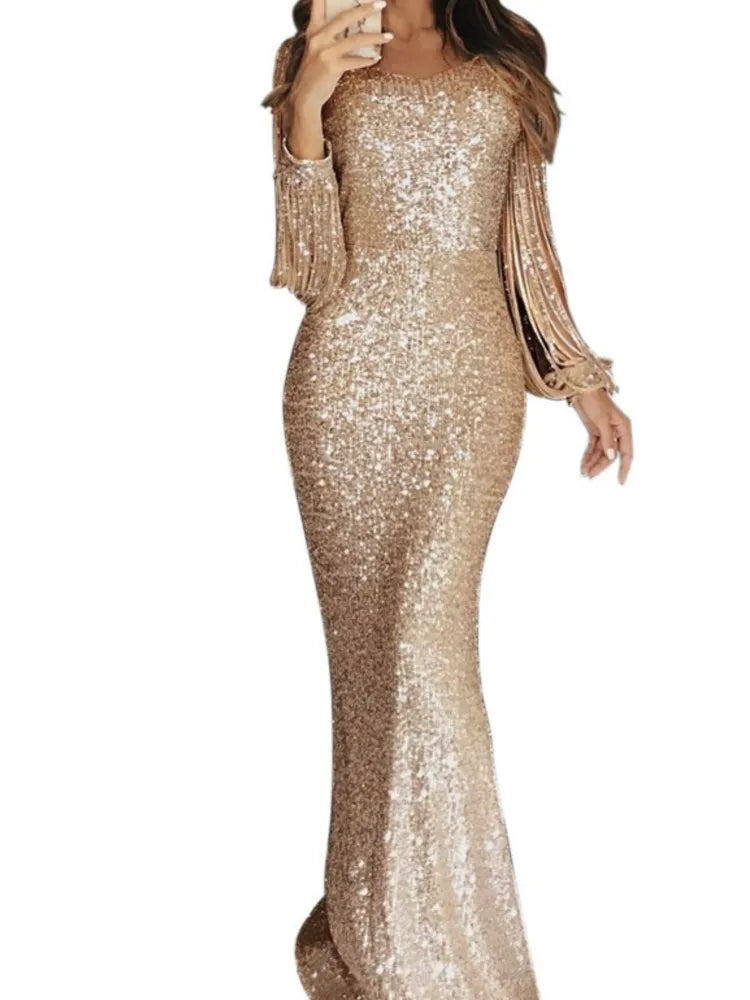 Fashion Tassel Sequins Dress For Women Elegant Long Sleeve O Neck High Waist Package Hip Dresses Robe Femme Formal Evening Party - JN Fashion Fusion