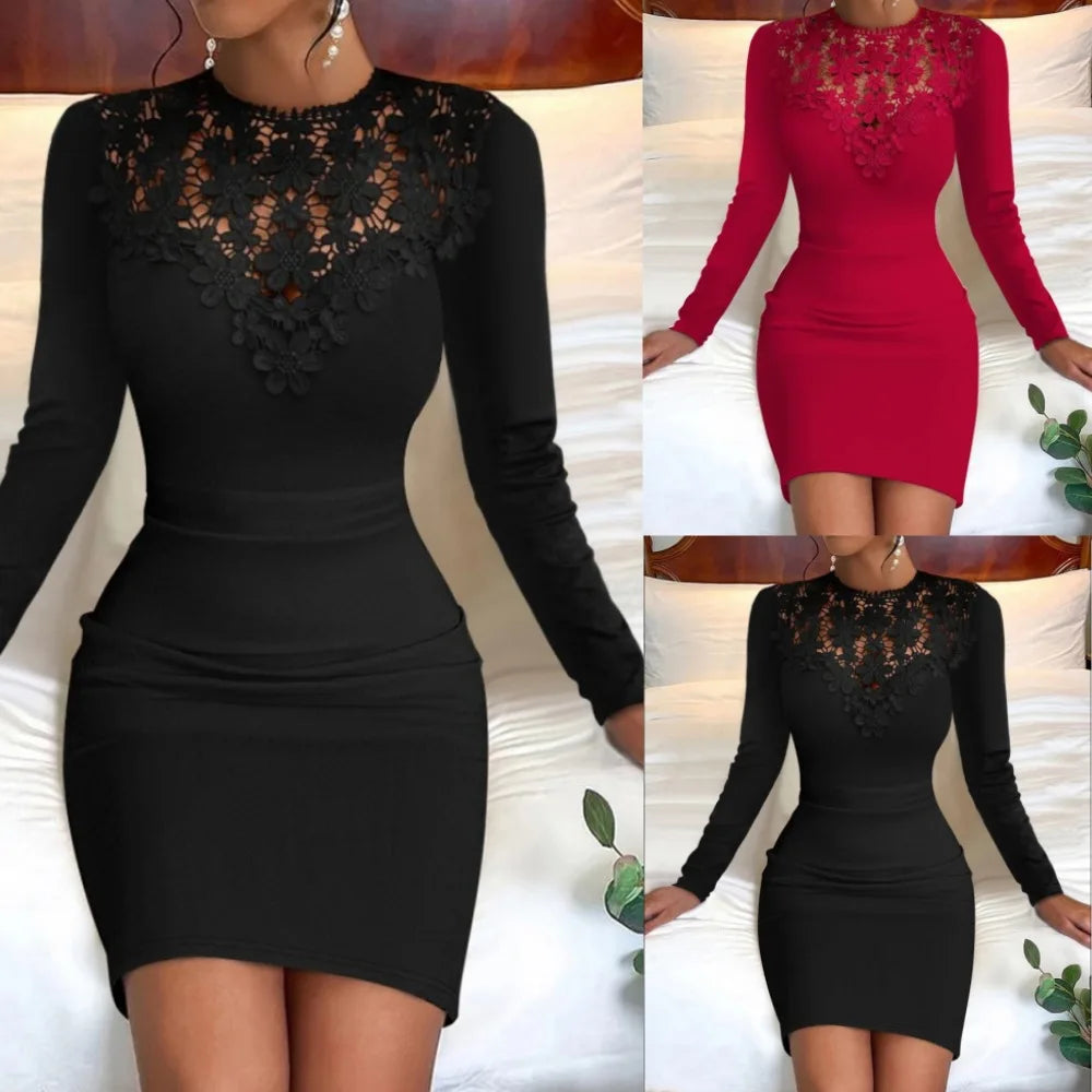Wrap Buttocks Sheath Women Dresses Lace Sexy Dress Solid O Neck High Waist Vestidos Long Sleeve Slight Strech Slim Autumn