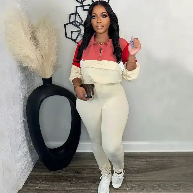 Sporty Casual Two Piece Set for Women Sweatsuit Fall Winter Patchwork Sweatshirt Top and Pants Running Tracksuit Joggings Femme - JN Fashion Fusion