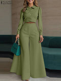 ZANZEA Women Stylish 2 Pieces Pant Sets Long Sleeve Collared Short Shirt & Wide Leg Pant 2pcs Suits Elegant Chic Sets Outfits - JN Fashion Fusion