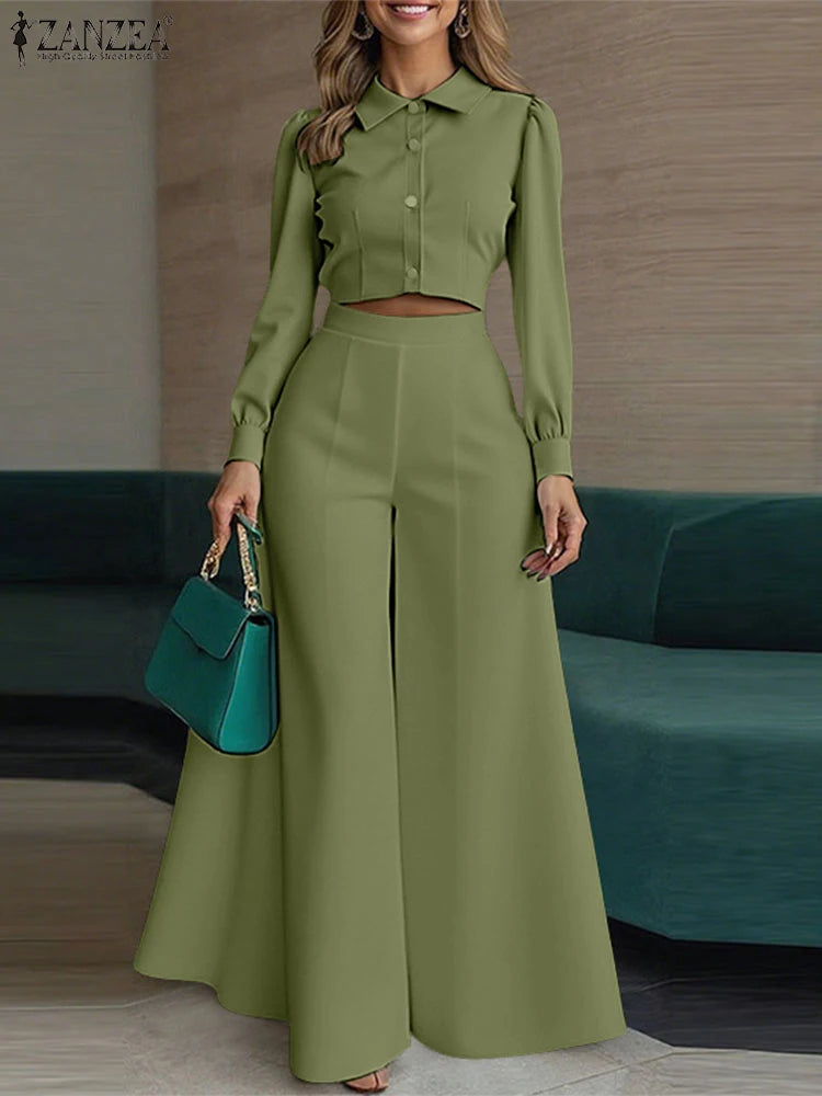 ZANZEA Women Stylish 2 Pieces Pant Sets Long Sleeve Collared Short Shirt & Wide Leg Pant 2pcs Suits Elegant Chic Sets Outfits - JN Fashion Fusion