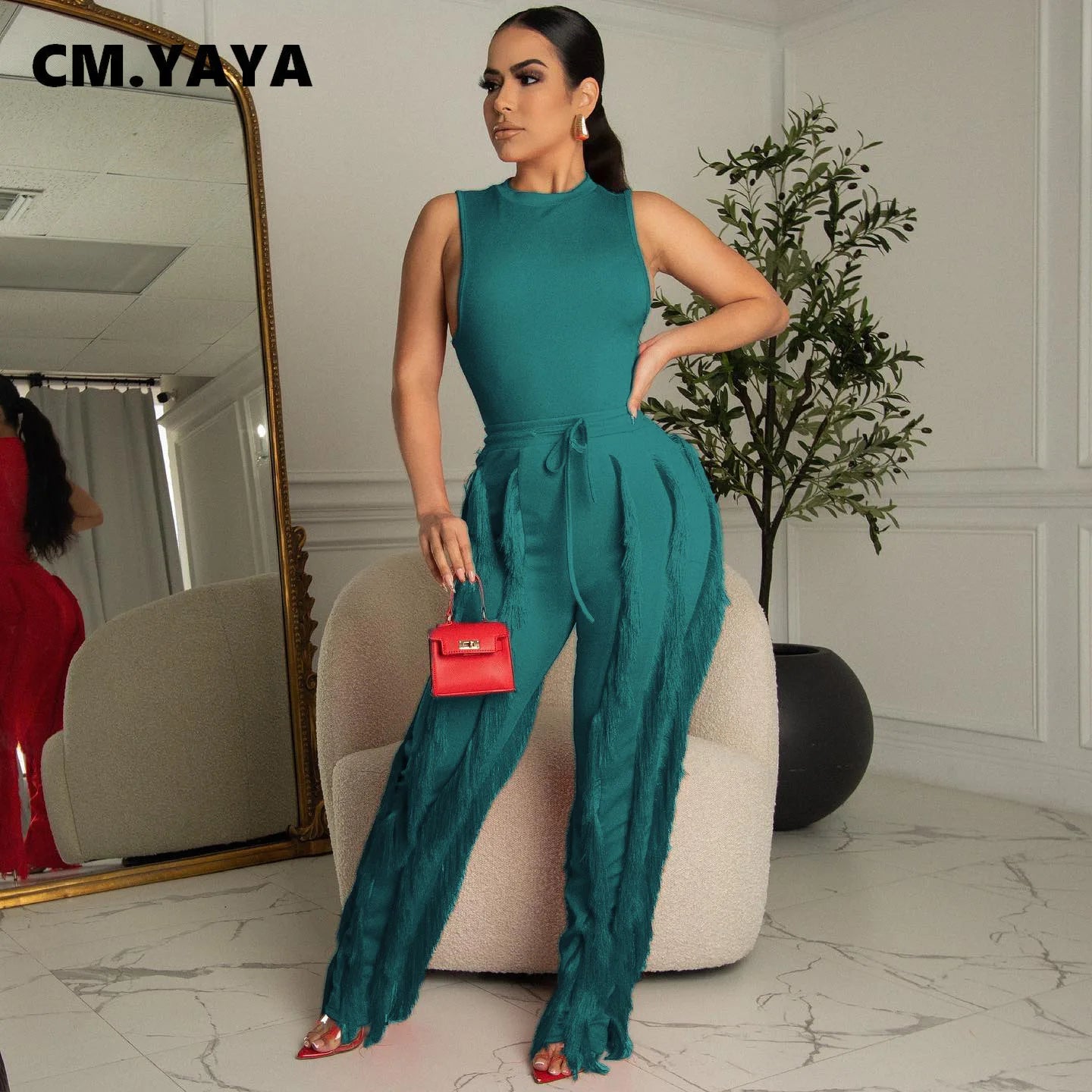Elegant Women's Tracksuit Tank Top and Tassel Side Straight Pants Suit Streetwear 2026 INS Two 2 Piece Set Outfits - JN Fashion Fusion