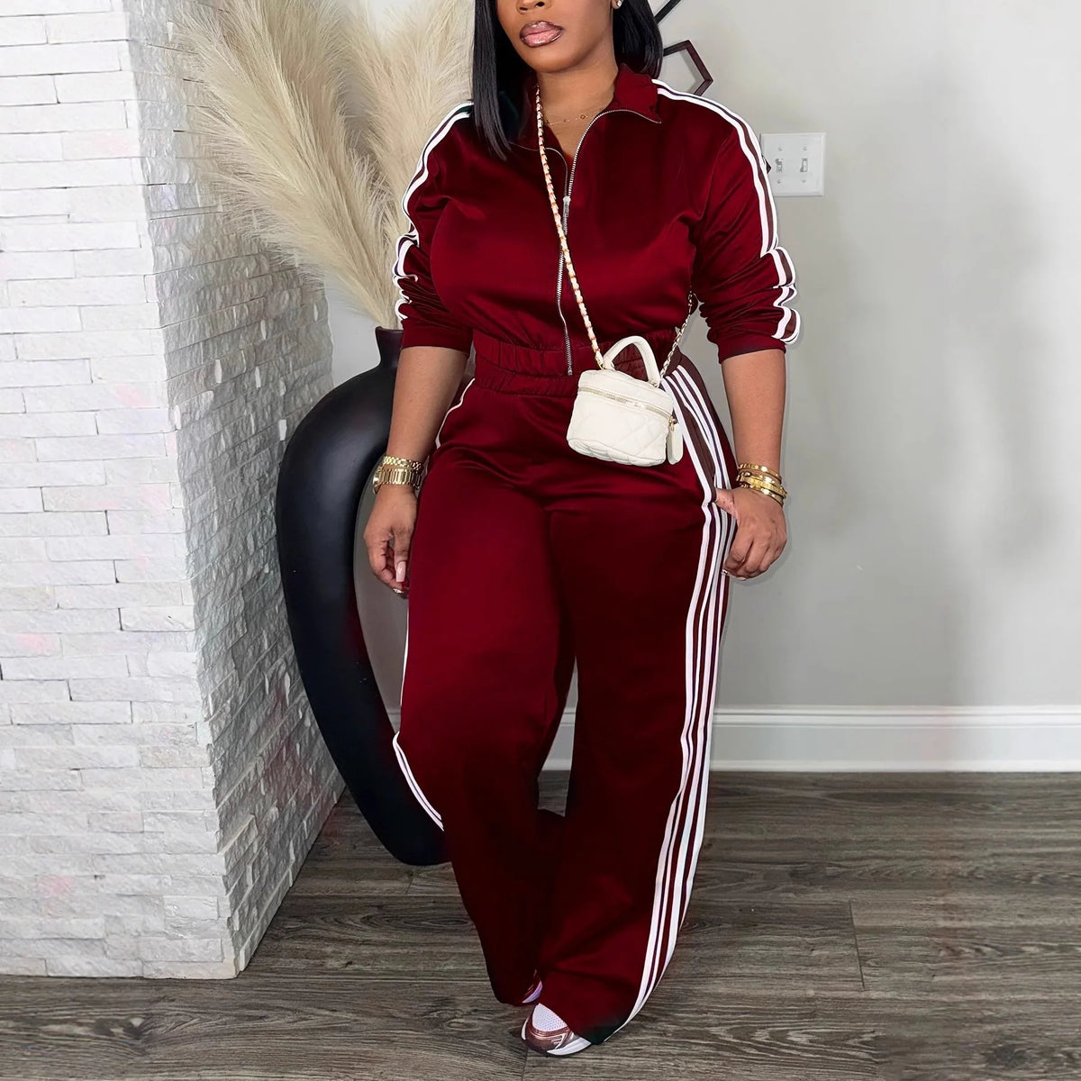 JN Fashion Fusion women's 2-piece streetwear set with bold stripe patchwork, long sleeves crop top, and matching pants in solid color