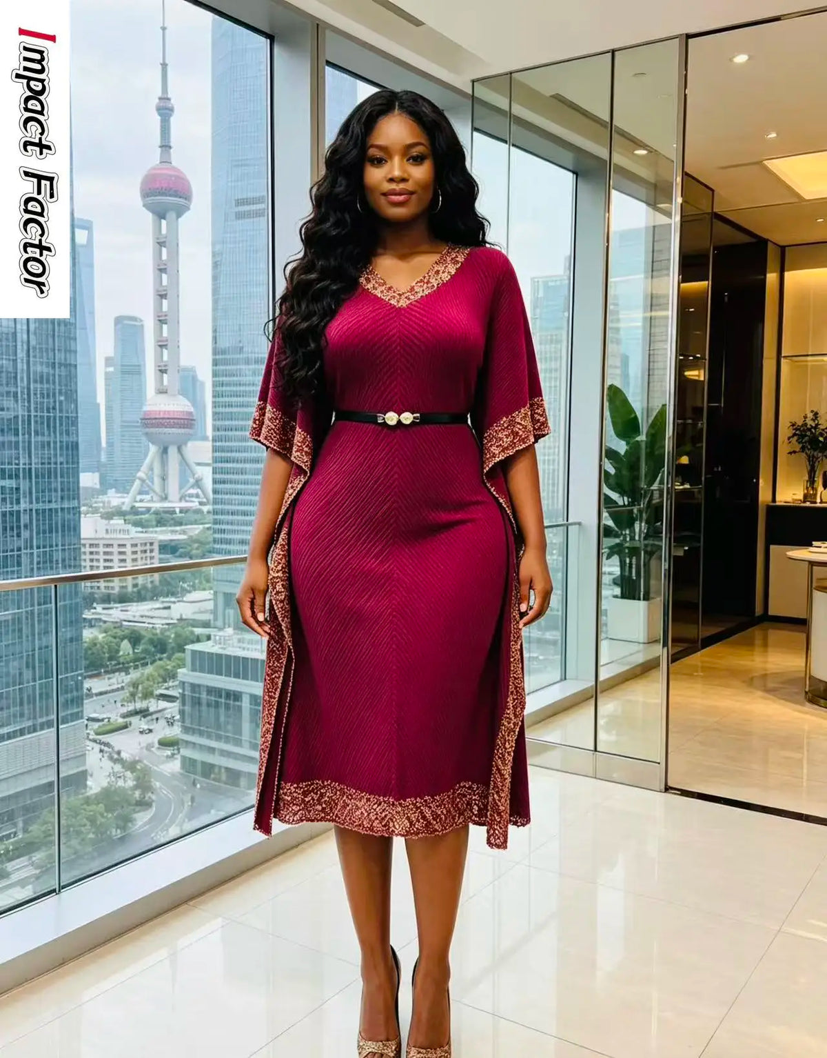 Africa-themed V-neck bat sleeve long dress by JN Fashion Fusion featuring dragon scale design, pleats, fringe, and bronzing details.