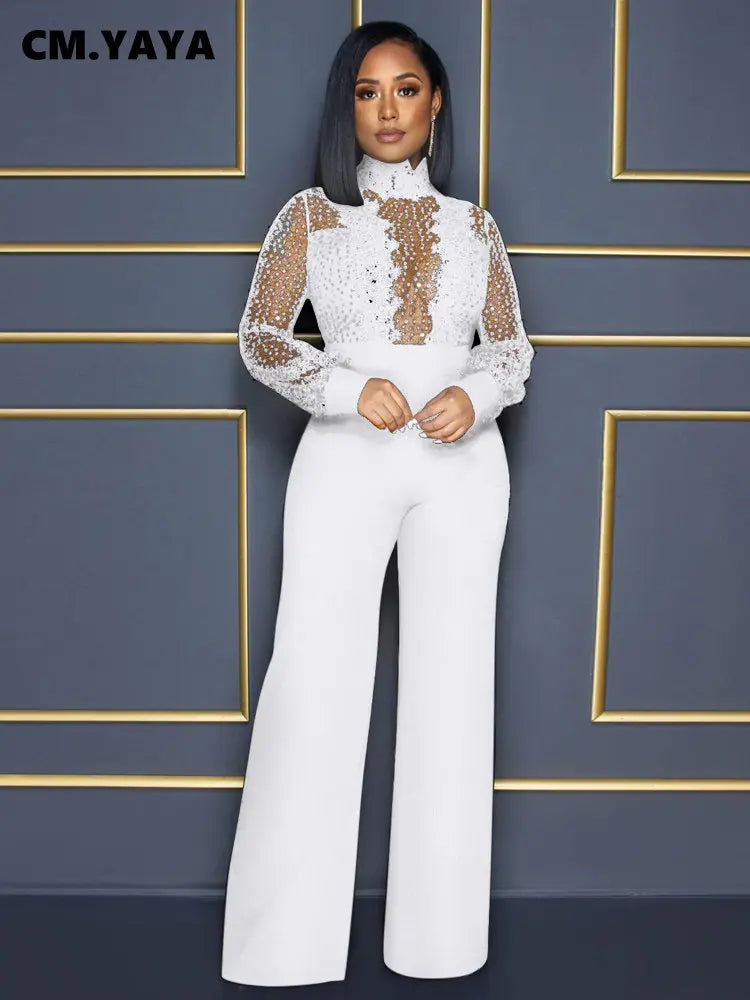 CM.YAYA Women Lace Patchwork Long Sleeve Loose Straight Jumpsuit Fashion Streetwear Sexy Party One Piece Set Overall Playsuit - JN Fashion Fusion