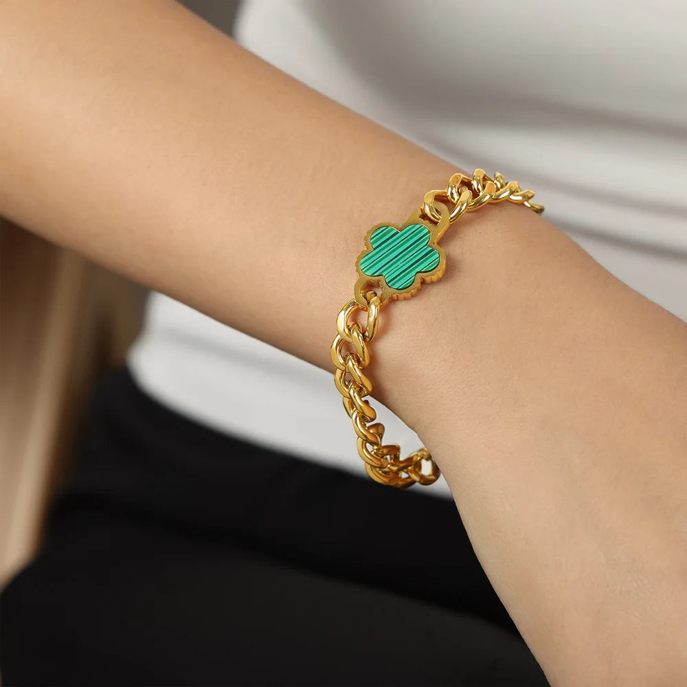 Elegant Stainless Steel New Hip Hop Cuban Link Five Leaf Flower Set Shell Bracelet Necklace Women's Minimalist Chain Jewelry - JN Fashion Fusion
