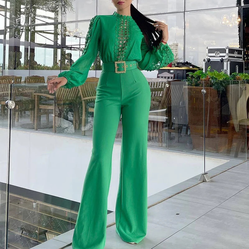 Women Casual O-neck Long Sleeve Party Romper Elegant Lace-Up Belt Waist Solid Playsuits Fashion Patchwork Hollow Long Jumpsuit