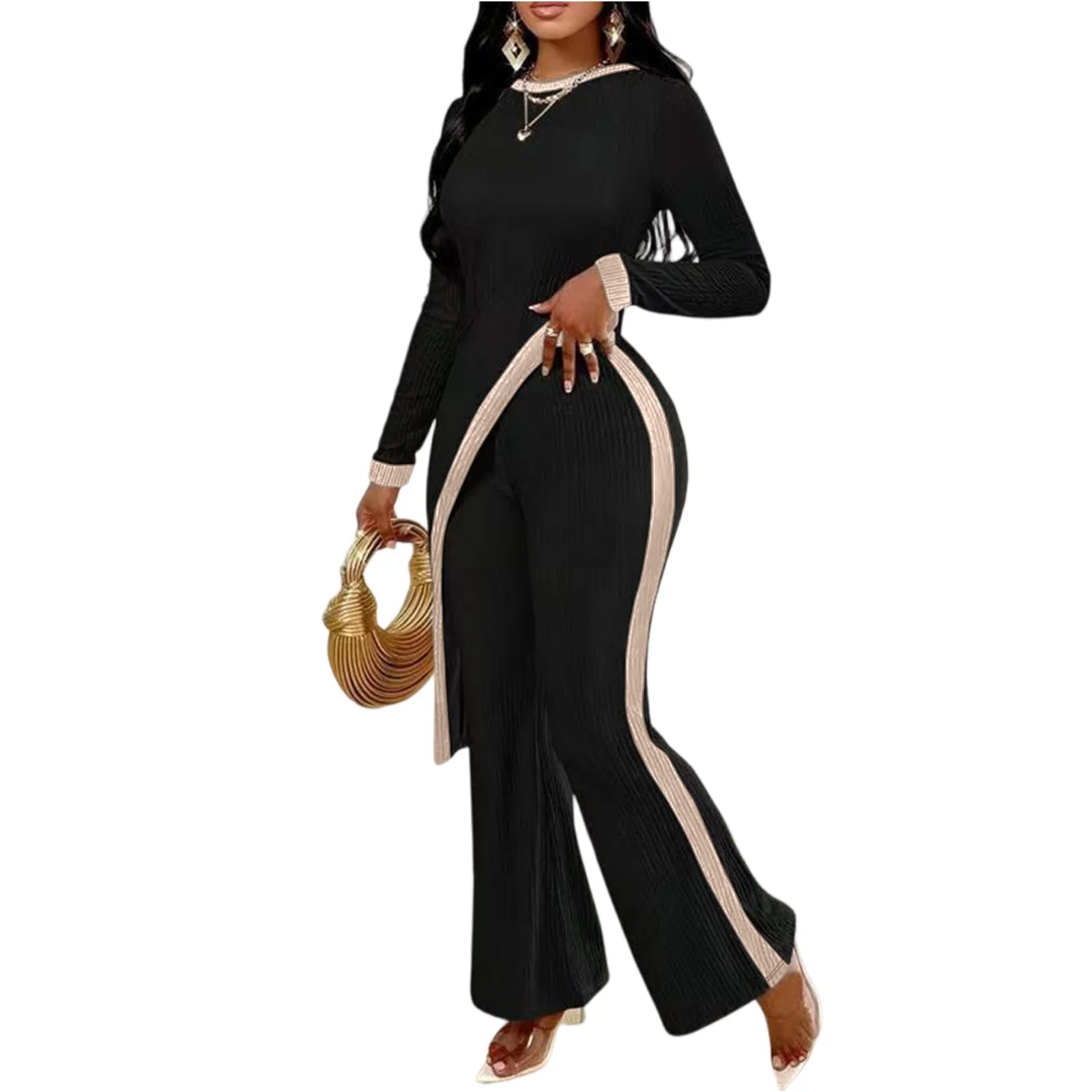 Side Slit Contrasting Long Sleeved Patchwork Pants Set Women'S Casual Suit Spring And Autumn Women'S Set - JN Fashion Fusion