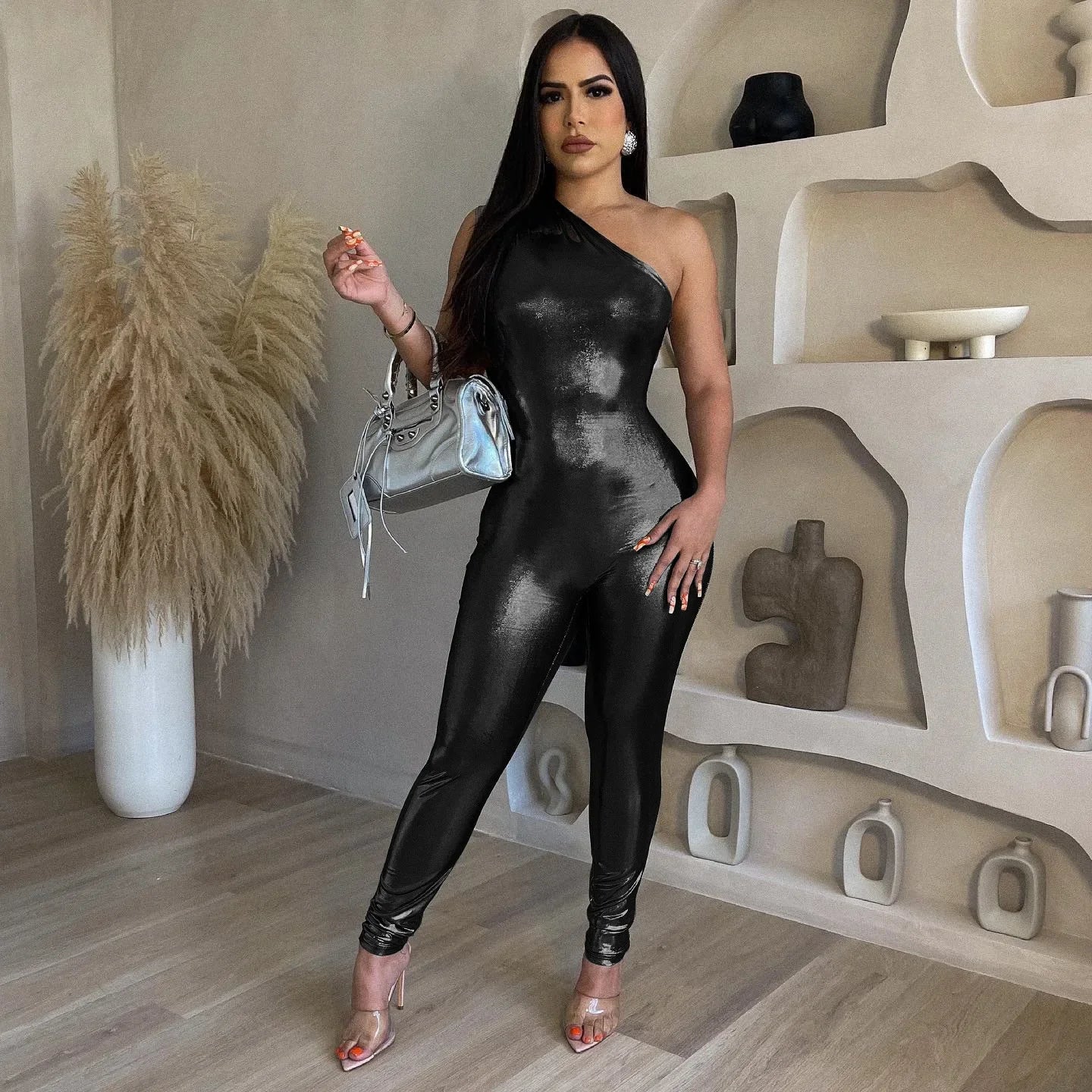 Elegant One Piece Jumpsuit for Women Shiny Metallic One Shoulder Sleeveless Romper Party Night Club Outfit