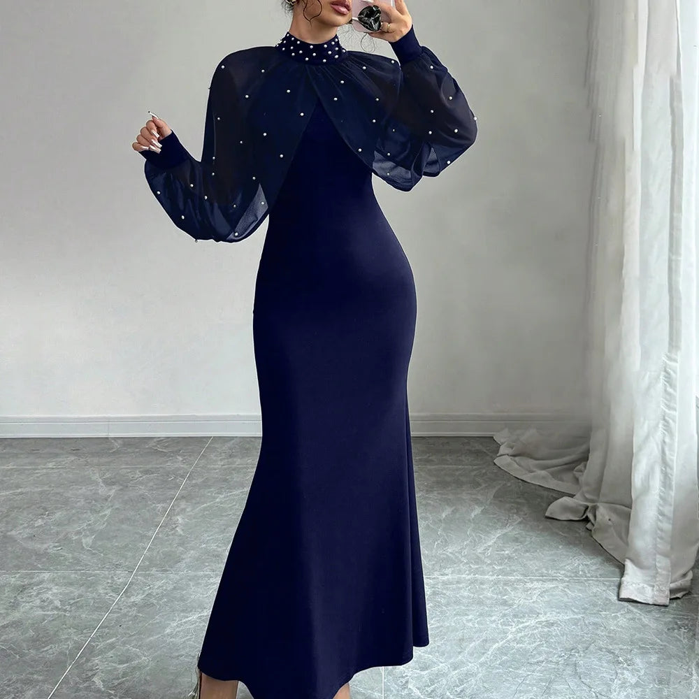 Women Dresses 2026 Spring Autumn New Solid Color Beading Decor Lace Splicing High Neck Long Sleeve Slim Hip Wrapping Long Dress - JN Fashion Fusion