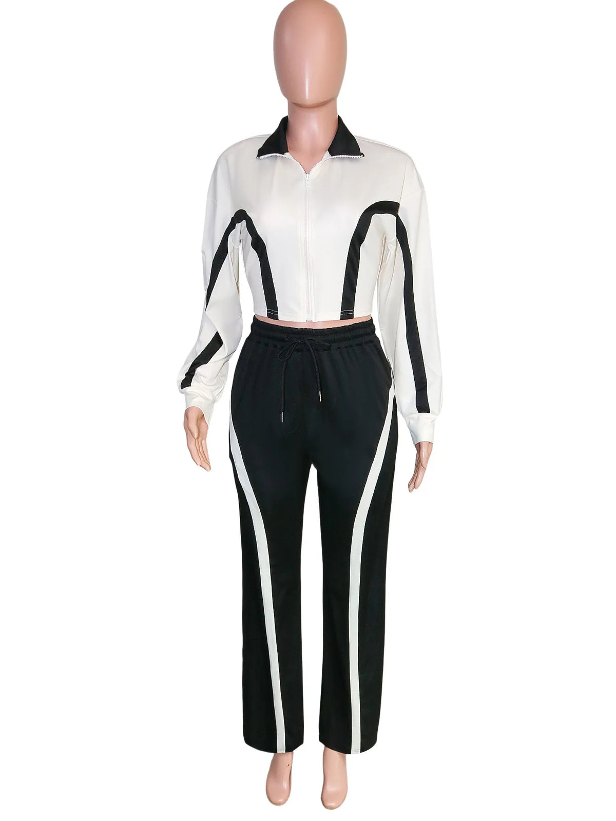 Pant Set Women Two Piece Sets Jogger Tracksuit Turn Down Collar Full Sleeve Striped Coats Wide Leg Long Pants Elastic Waist
