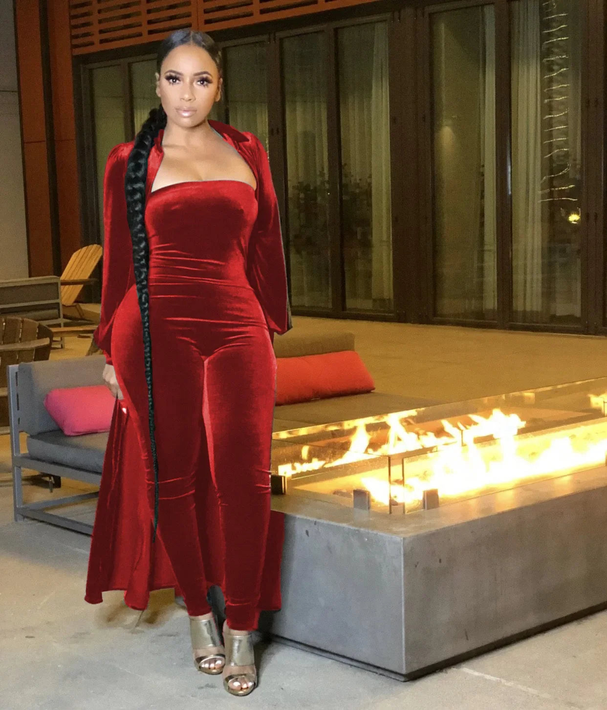 CM.YAYA Vintage Velvet Two 2 Piece Set Outfits for Women Long Sleeve Maxi Cardigan + Strapless Jumpsuit Suit INS 2022 Tracksuit - JN Fashion Fusion