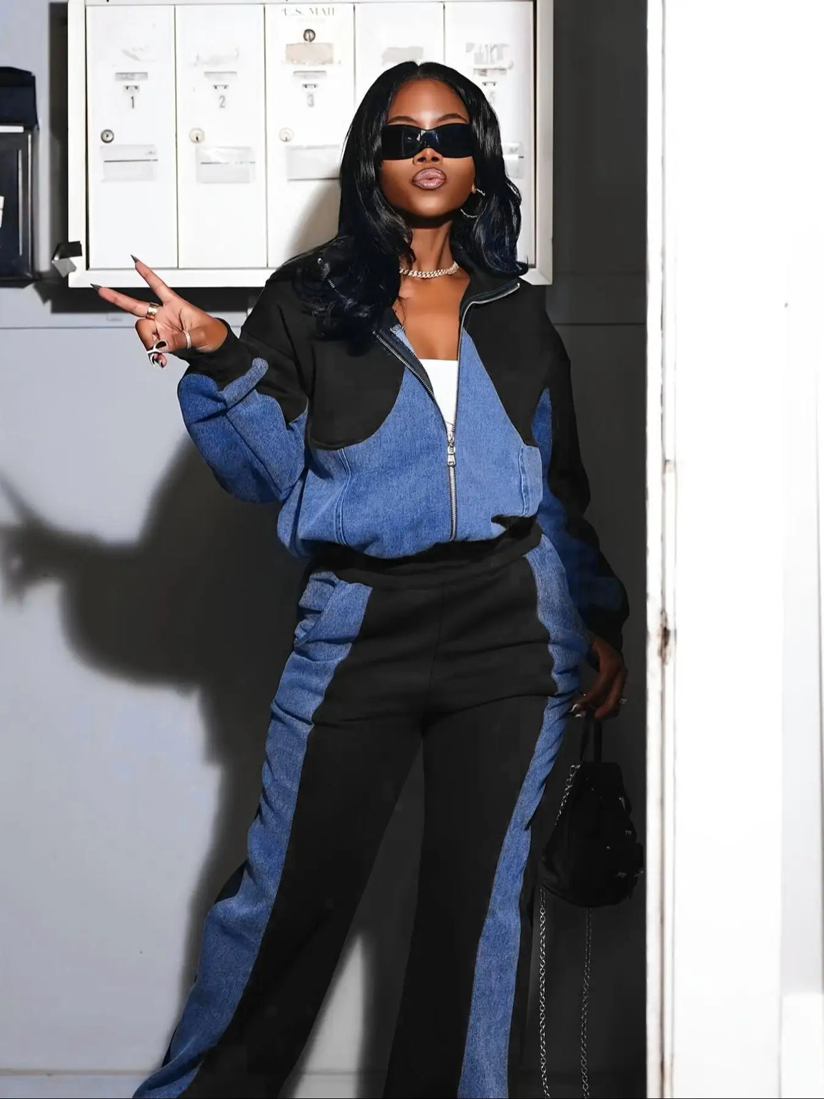 JN Fashion Fusion two-piece denim pant set with spliced coats, zipper details, turn-down collar, and pockets for casual streetwear style