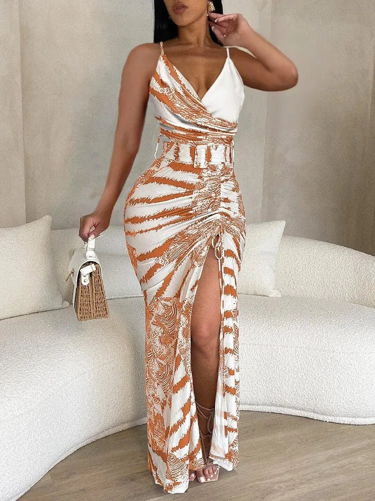 New 2023 Spring Summer Women's Strap Dress Casual Fashion Print V-neck Strap Slim Fit Sexy Split Drawstring Women's Strap  Dress - JN Fashion Fusion