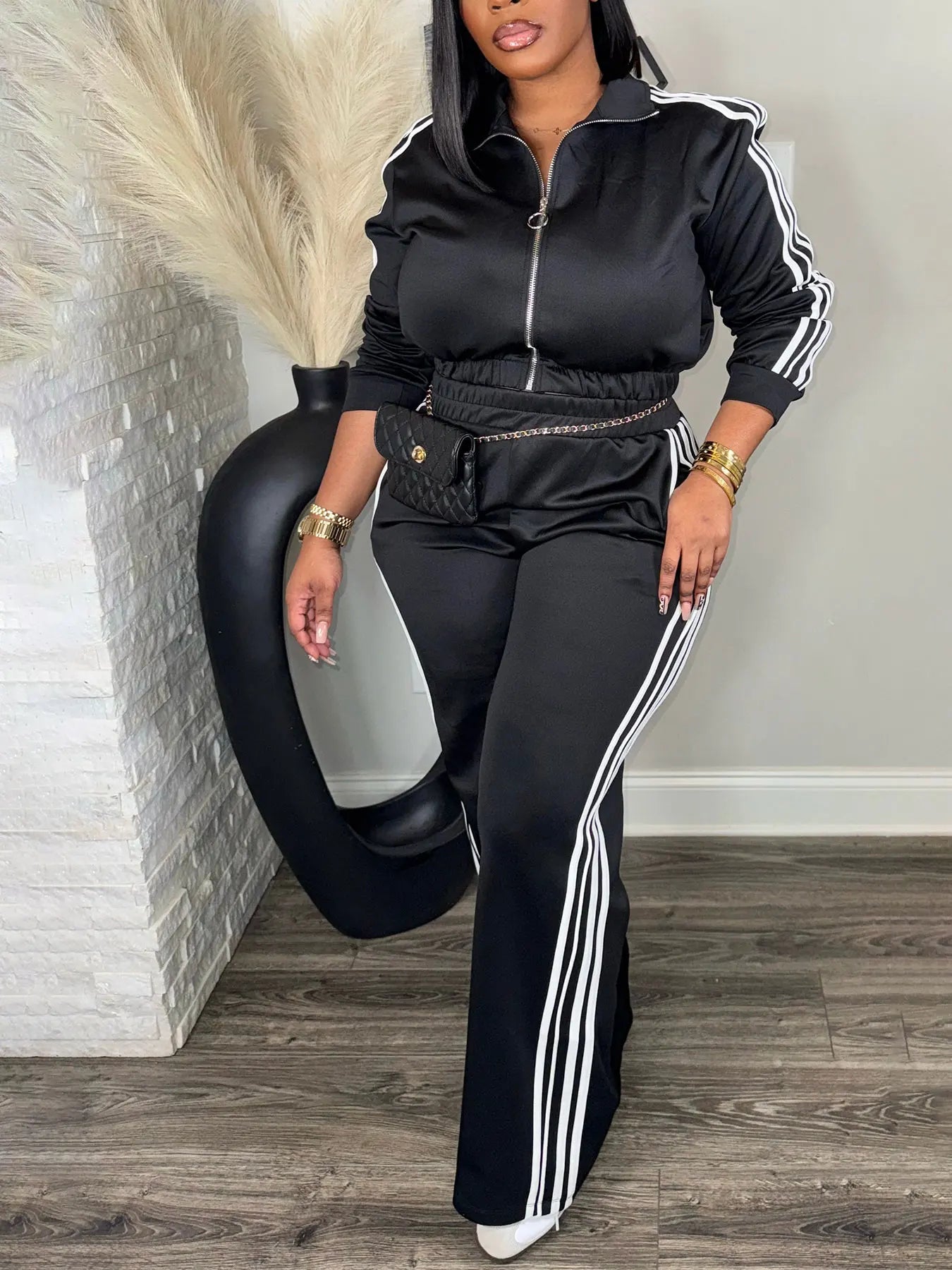 Women’s 2 Piece Tracksuit Set Zip-Up Top + High Waist Pants Side Stripe Casual Outfit - JN Fashion Fusion