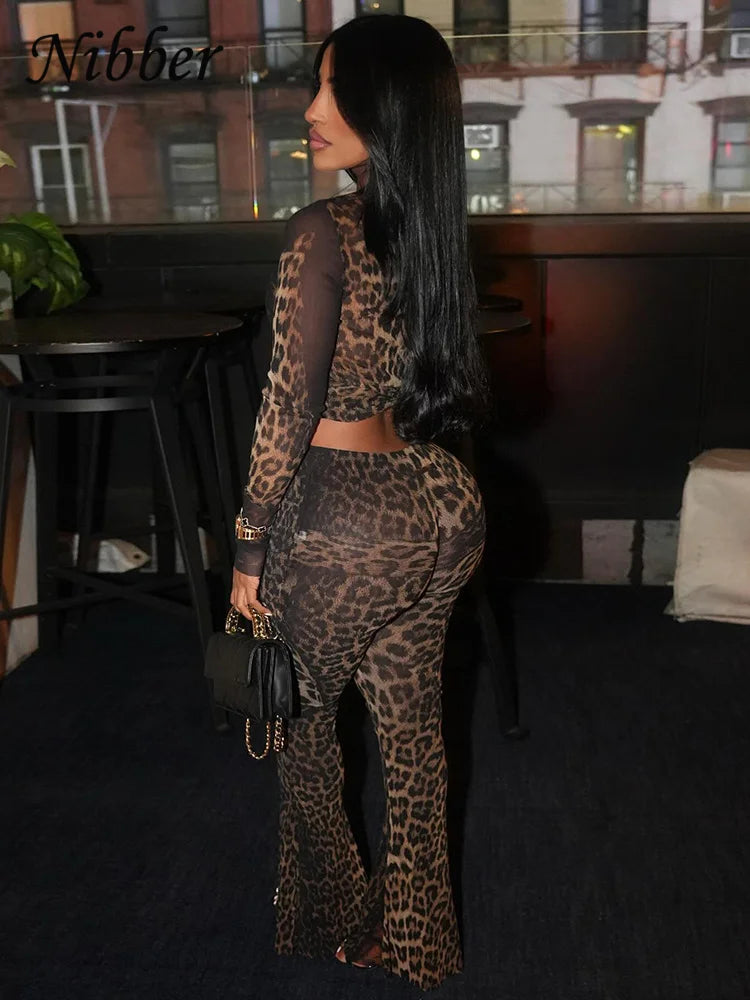 Nibber Sexy 2 Piece Set Women See Through Midnight Party Full Sleeve Crop Tops+Pants Matching Clubwear Skinny Autumn Outfits - JN Fashion Fusion