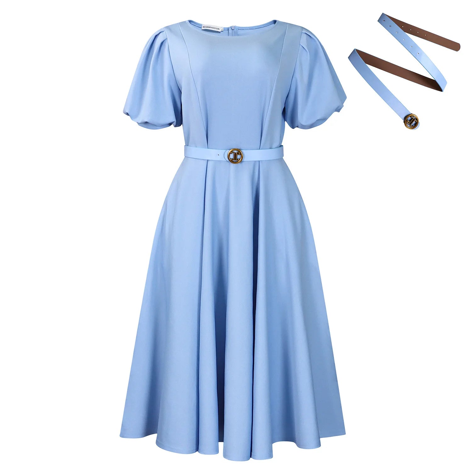 Women's Elegant High-Waisted Puffed Sleeve Summer Dress 2026 Solid Color round Neck Large Skirt Hem Fashionable Casual Dress