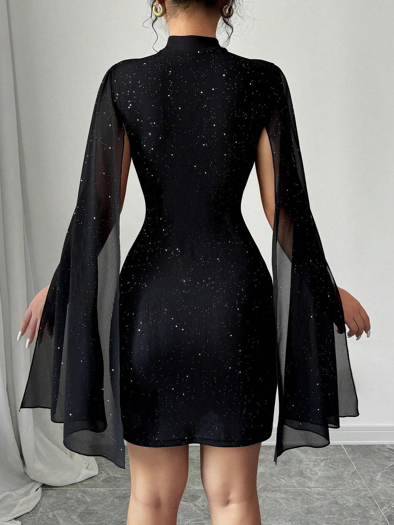 Sexy Women's Stand Collar Cape Mini Dress Sequins Sparkling Club Party Night Out Fitted Bodycon Elegant Autumn Winter - JN Fashion Fusion