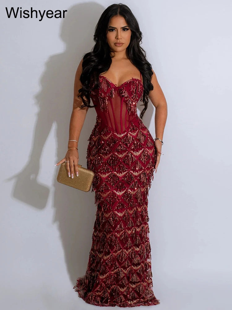 Wishyear Sexy Nightclub Birthday Even Party Dresses for Women Sequined Spaghetti Stap Mesh Patchwork Tunic Bodycon Maxi Vestidos - JN Fashion Fusion