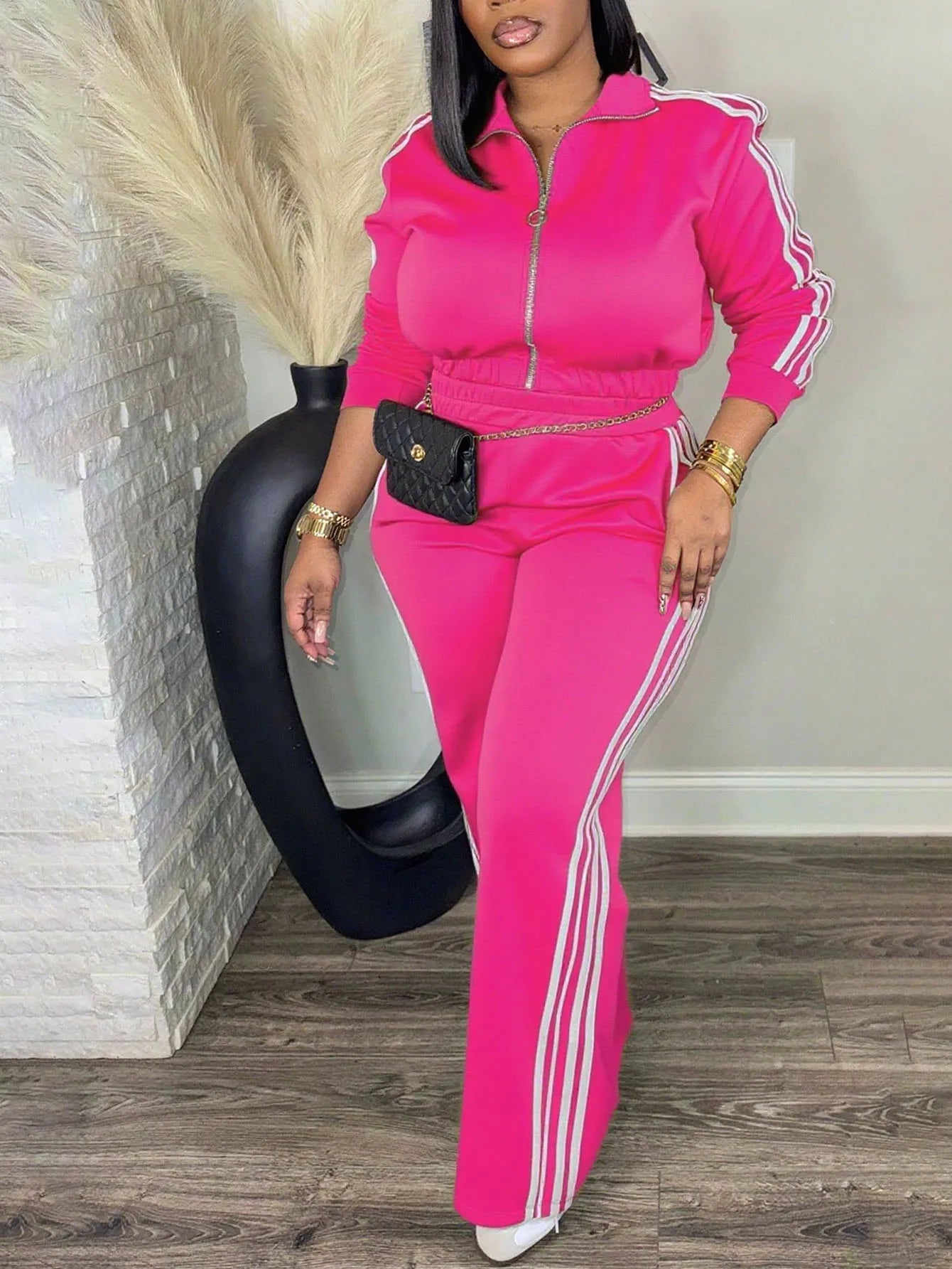 Women’s 2 Piece Tracksuit Set Zip-Up Top + High Waist Pants Side Stripe Casual Outfit - JN Fashion Fusion