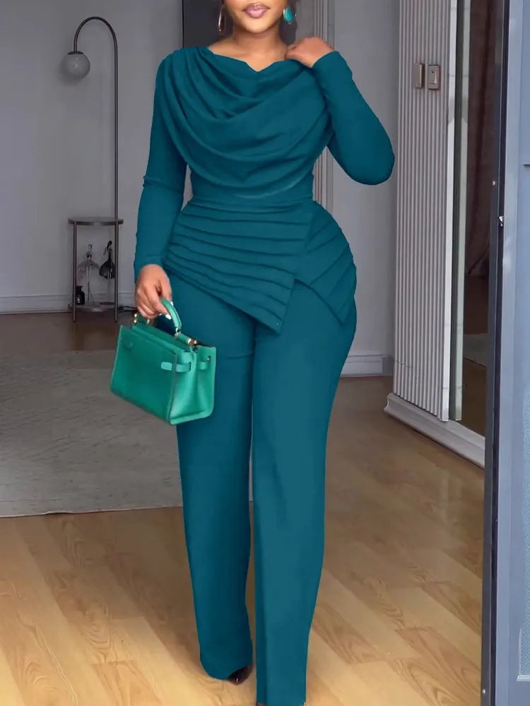 Swing Collar Ruched Jumpsuit Long Sleeve Solid Elegant Office Ladies Asymmetric Hem Autumn Casual Vintage Ruched Slim Rompers - JN Fashion Fusion