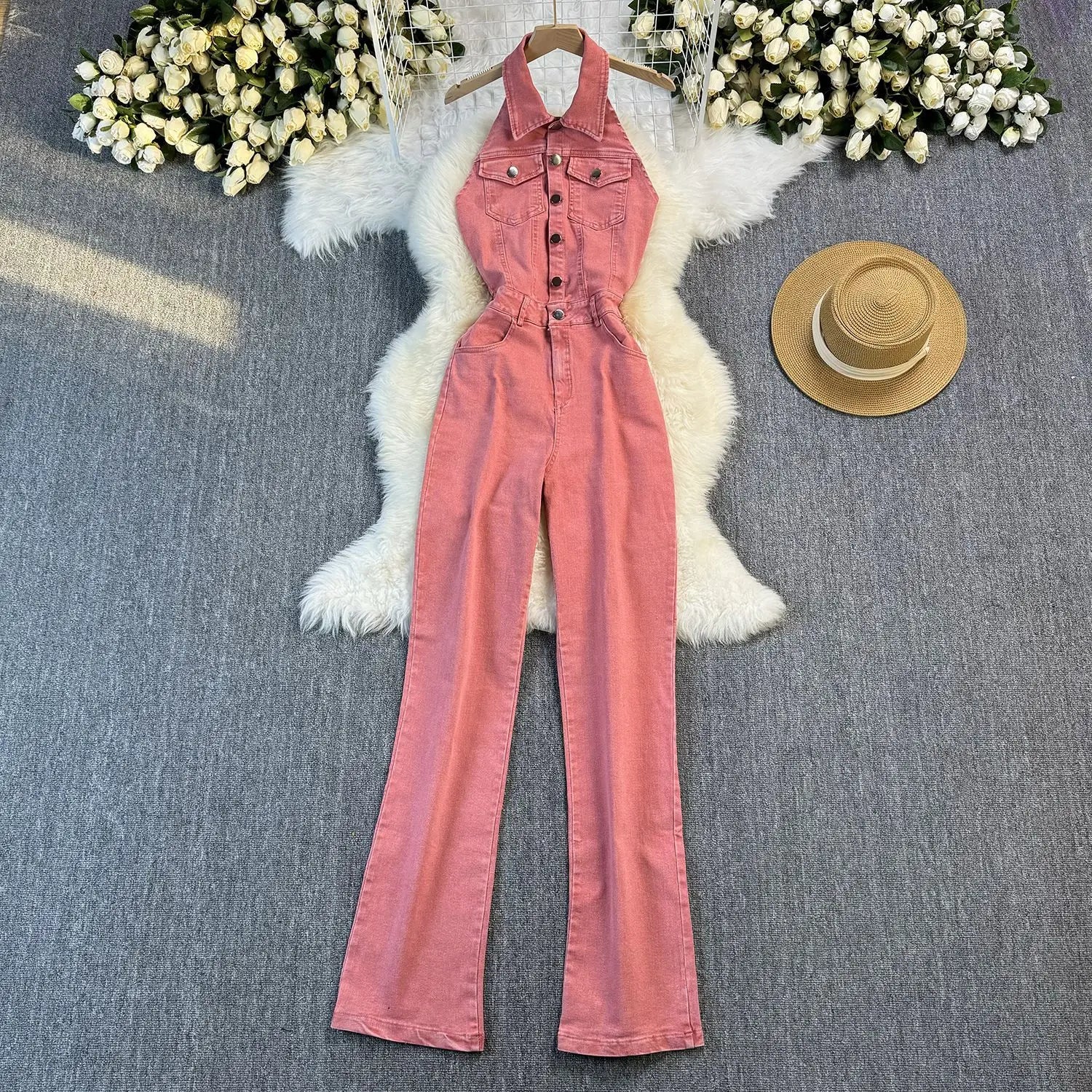 Demin Overalls Women One Piece Halter Jumpsuits Long Pants High Waist Rompers Y2k Streetwear Party C;ub Slim Fit 2025 Summer - JN Fashion Fusion