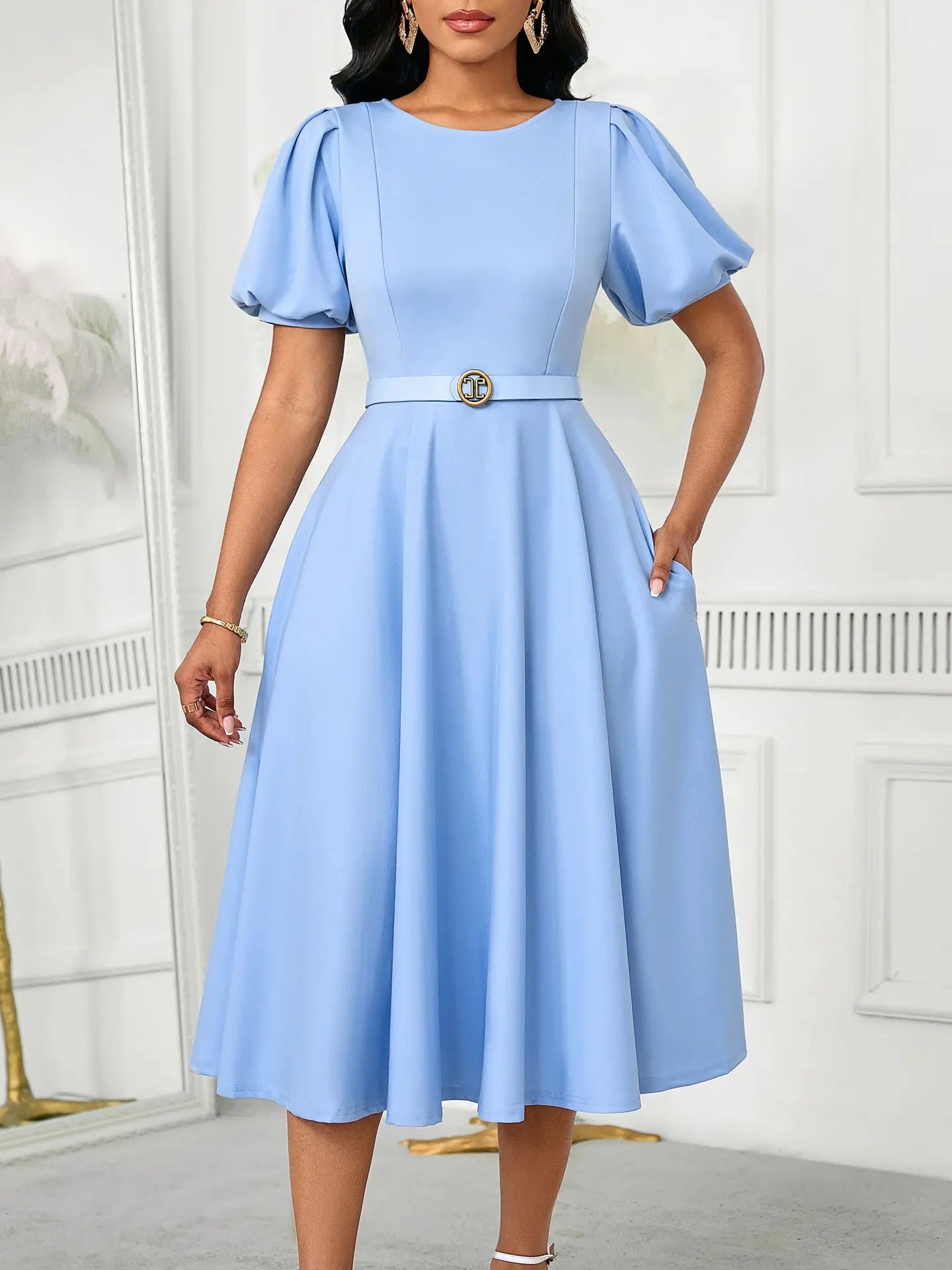 Women's Elegant High-Waisted Puffed Sleeve Summer Dress 2026 Solid Color round Neck Large Skirt Hem Fashionable Casual Dress