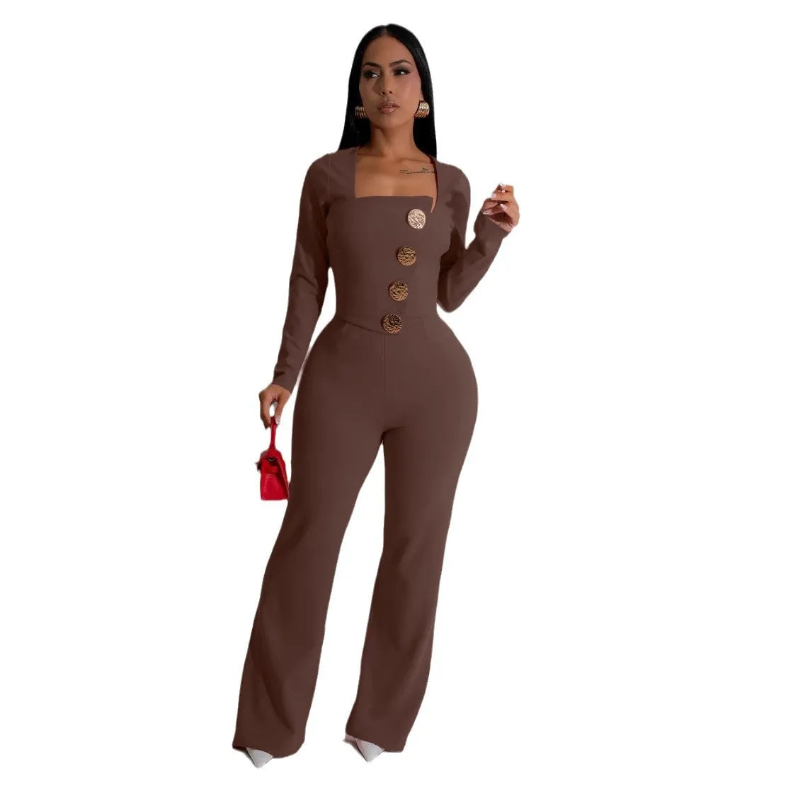 CM.YAYA Elegant Button Long Sleeve Irregular Girl Jumpsuits 2025 Spring Women's Overalls Outfits Night Club Streetwear One Piece