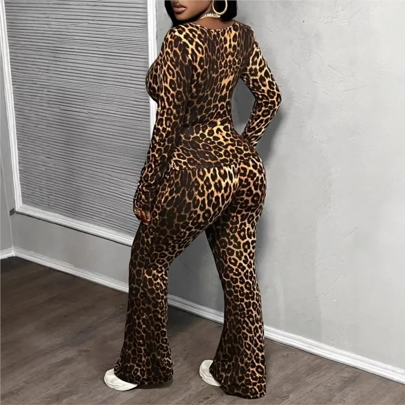 sexy Women's 2-piece Sets Suit Spring Summer Large size women deep v-neck  two-piece leopard long-sleeve trousers set clothing - JN Fashion Fusion