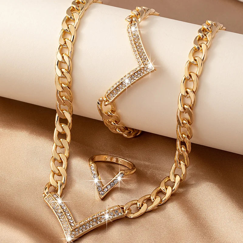 Geometric V-shaped Necklace Bracelet Ring Set for Women Collarbone Chain Party Gift OL Fashion Jewelry - JN Fashion Fusion