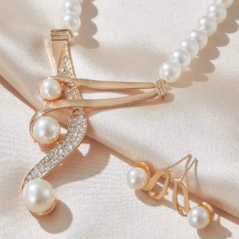Fashion Geometric Pearl Earring Two Piece Necklace for Women Exquisite Birthday Party Jewelry Gifts - JN Fashion Fusion
