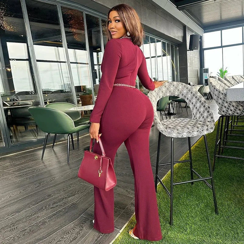 Women's High Waisted Wide Leg Long Pants Jumpsuit Temperament Hollowed Out Long Sleeved Slim Fit 2025 Spring New Item - JN Fashion Fusion