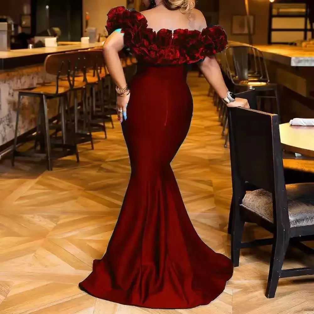 Elegant Evening Party Long Dresses Women Ruffles Off The Shoulder Slim Fit Mermaid Dress Solid Color - JN Fashion Fusion