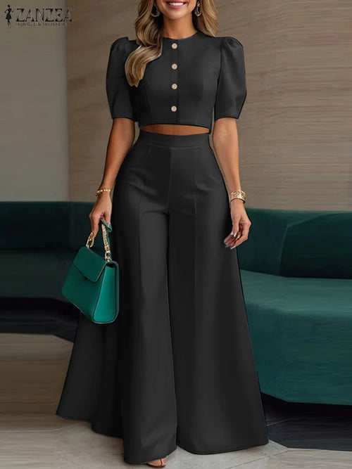 2026 ZANZA Fashion Summer Pant Sets 2PCS Women Outfits Matching Sets Elegant Short Sleeve Blouse OL Work Wide Leg Trousers Suit - JN Fashion Fusion