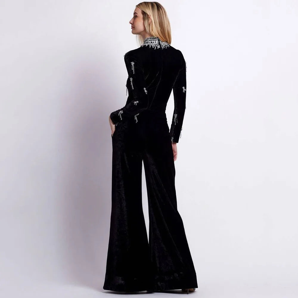 Women Winter Autumn Knitted Bandage Jumpsuits Dress High Street Long Sleeve Turtleneck Crystal Embroidery Evening Party Rompers