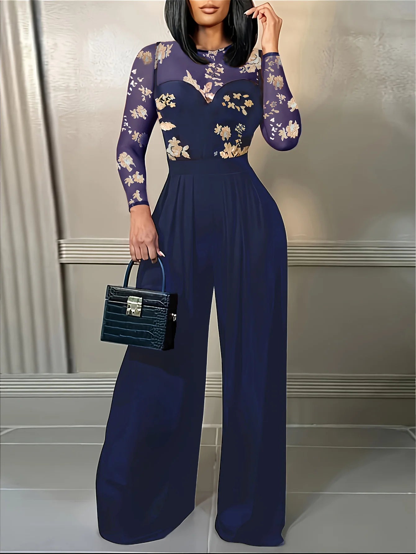 Women's Black Jumpsuit with Sheer Floral Embroidered Top Wide Leg Design Ideal for Evening Galas Cocktail Parties Formal Events - JN Fashion Fusion