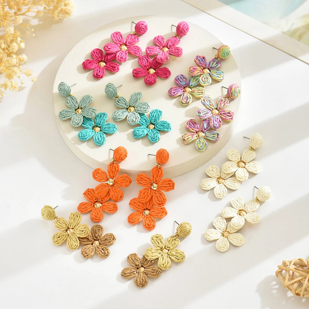 Bohemia Sweet Colorful Raffia Layered Flower Earrings for Women Girls Summer Handmade Rattan Knit Drop Earrings Holiday Jewelry