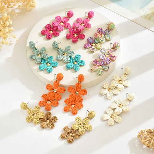 Bohemia Sweet Colorful Raffia Layered Flower Earrings for Women Girls Summer Handmade Rattan Knit Drop Earrings Holiday Jewelry - JN Fashion Fusion