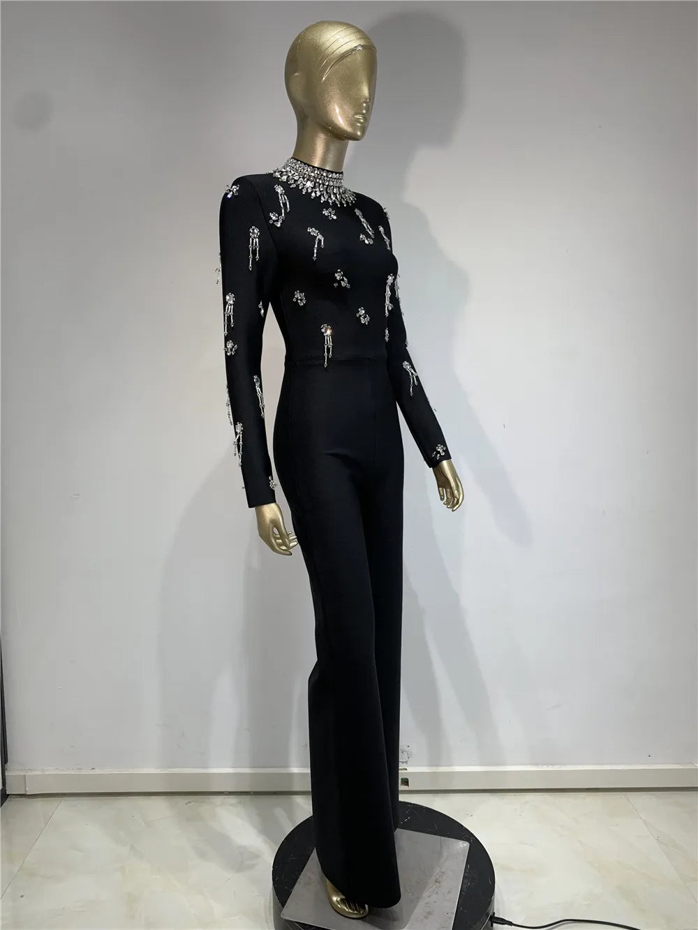 Women Winter Autumn Knitted Bandage Jumpsuits Dress High Street Long Sleeve Turtleneck Crystal Embroidery Evening Party Rompers