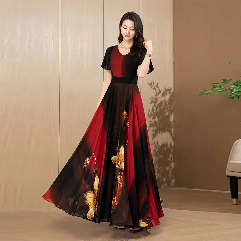 2026 New Chiffon Dress For Women Gentle Style Summer Covering The Belly Slimming Down Long Skirt Vp To The Ankle Big Swing Skirt