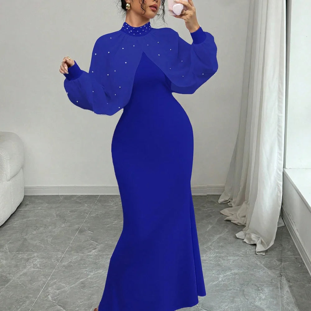 Women Dresses 2026 Spring Autumn New Solid Color Beading Decor Lace Splicing High Neck Long Sleeve Slim Hip Wrapping Long Dress - JN Fashion Fusion