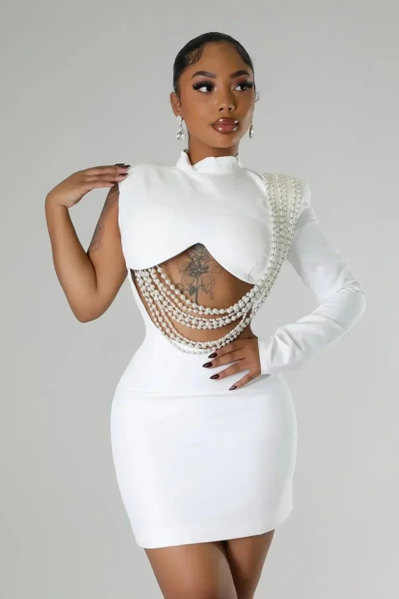 Women Full Sleeve Elegant O-neck Mini Dress 2025 Summer Pearl String Sexy Street Night Club Party Vestidos Dresses - JN Fashion Fusion