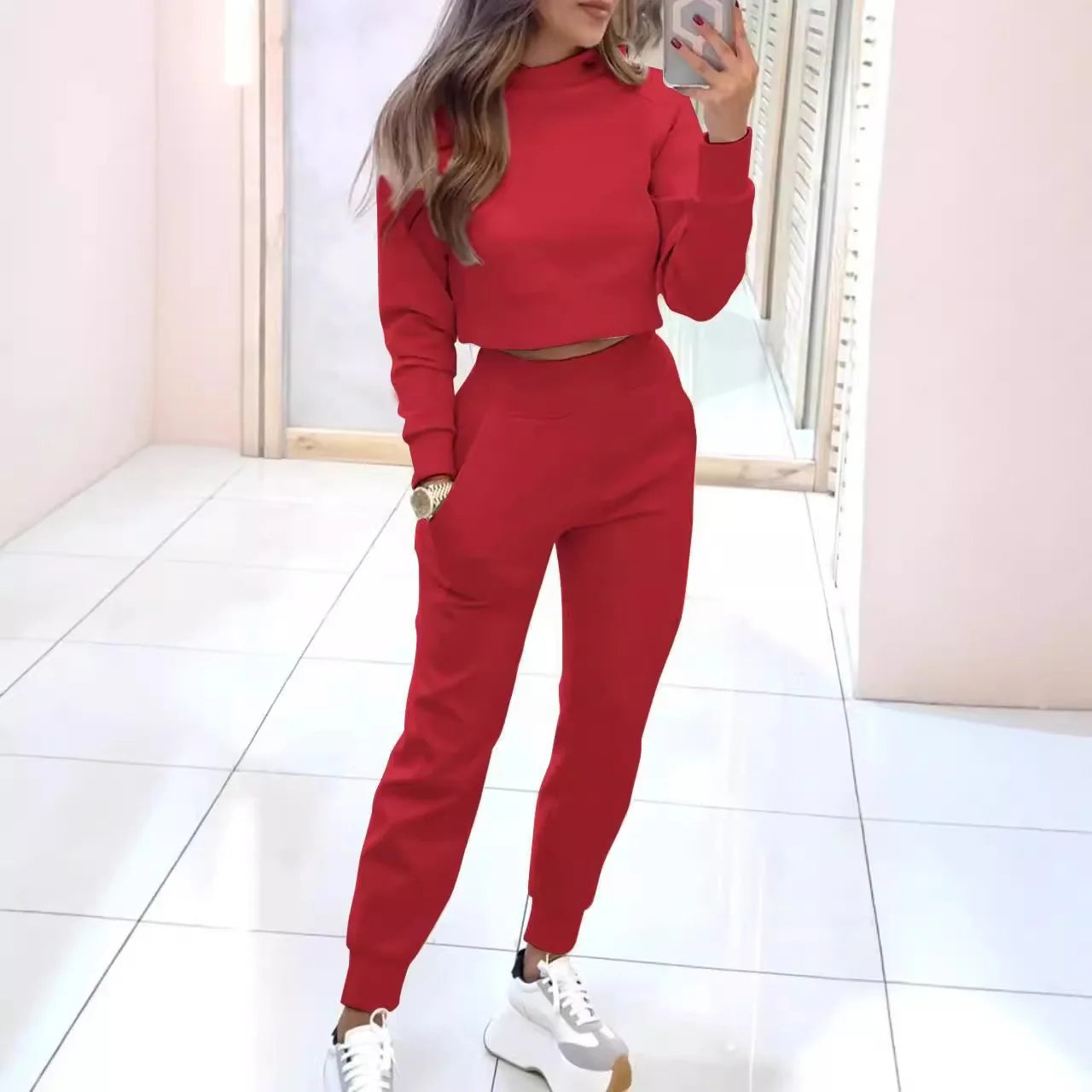 2025 New Women's 2-piece Long-sleeved Short Sweatshirt Turtleneck Fashion Casual Elastic Waist Slim Pant Sets - JN Fashion Fusion