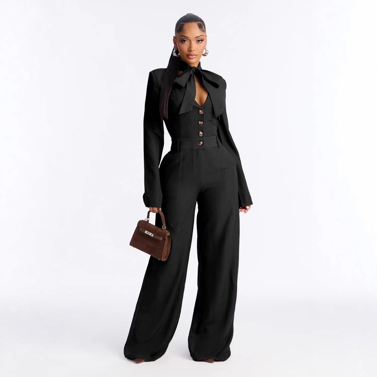 Solid Women Jumpsuits For Spring Summer Long Sleeve V-Neck Balck Jumpsuits Fashion Streetwear Overalls Pants Trousers 2026 - JN Fashion Fusion