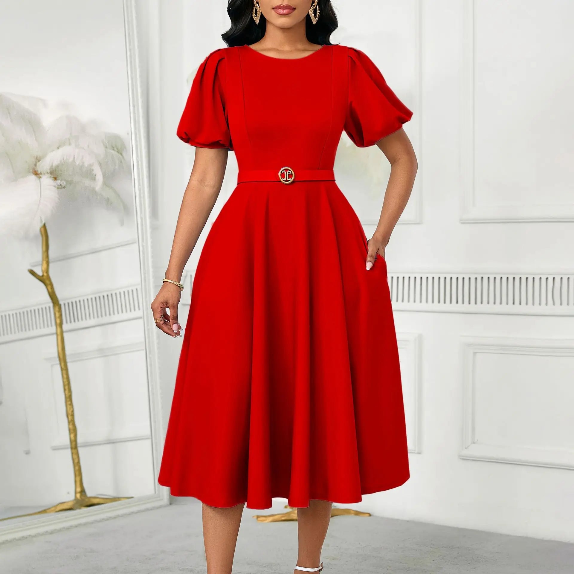 Women's Elegant High-Waisted Puffed Sleeve Summer Dress 2026 Solid Color round Neck Large Skirt Hem Fashionable Casual Dress