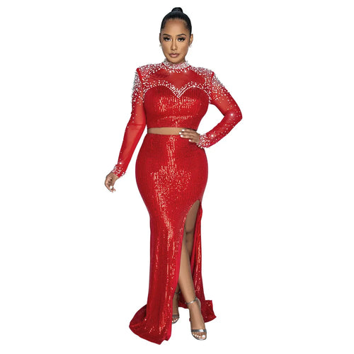 African Clothes for Women 2 Piece Sequin African Long Sleeve O-neck Party Evening Top Long Skirts Matching Sets Dashiki Outfits - JN Fashion Fusion